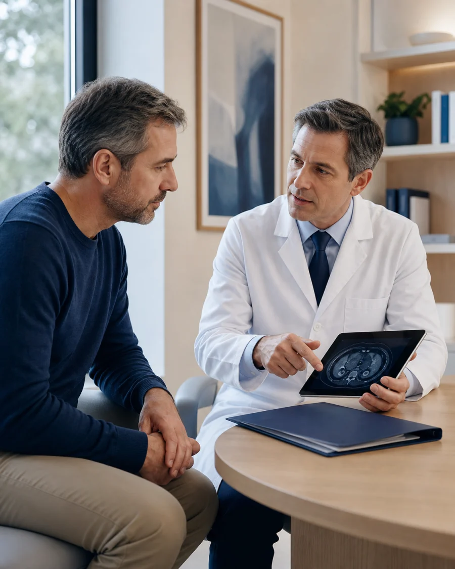 Patient and specialist reviewing a scan during a surgical consultation