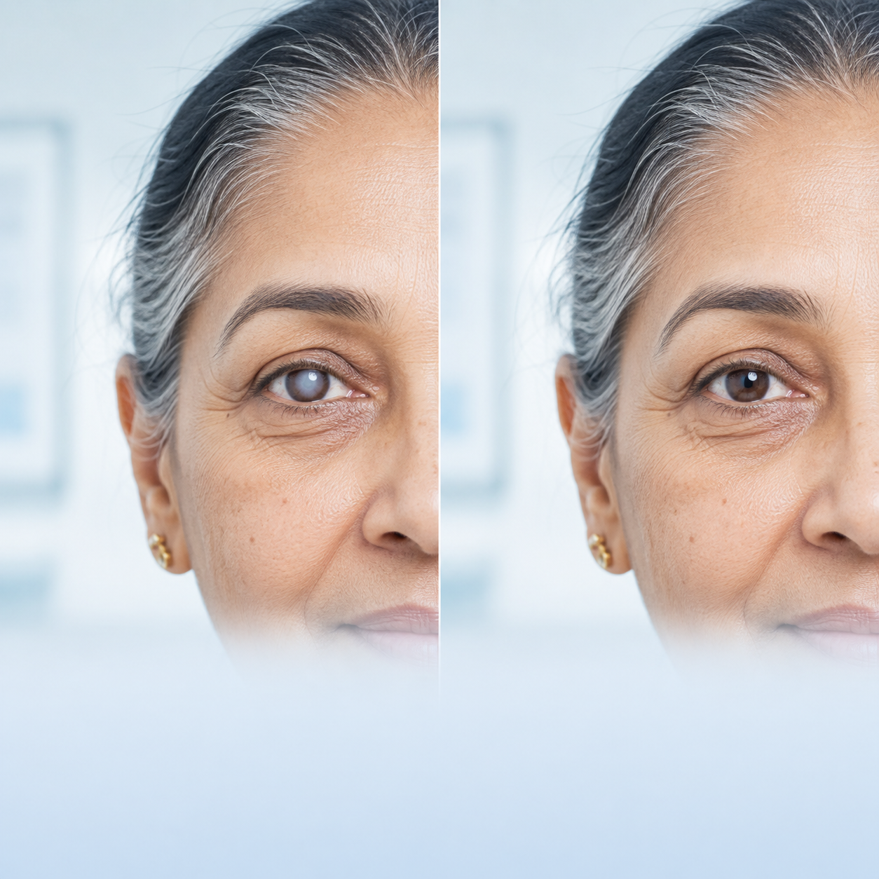 Before-and-after comparison of an eye affected by cataract and a clear eye after treatment
