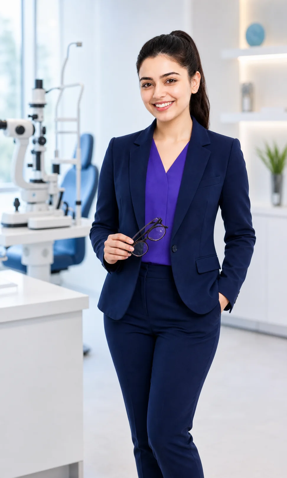 Surgitrix female character holding her glasses in a specialist eye clinic