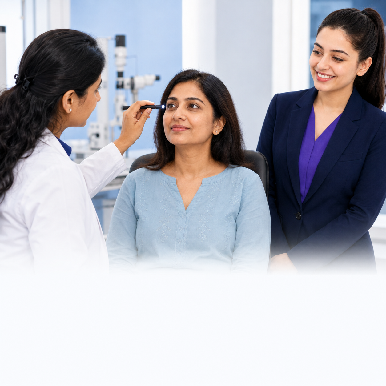 Oculoplastic specialist carrying out a gentle eyelid assessment
