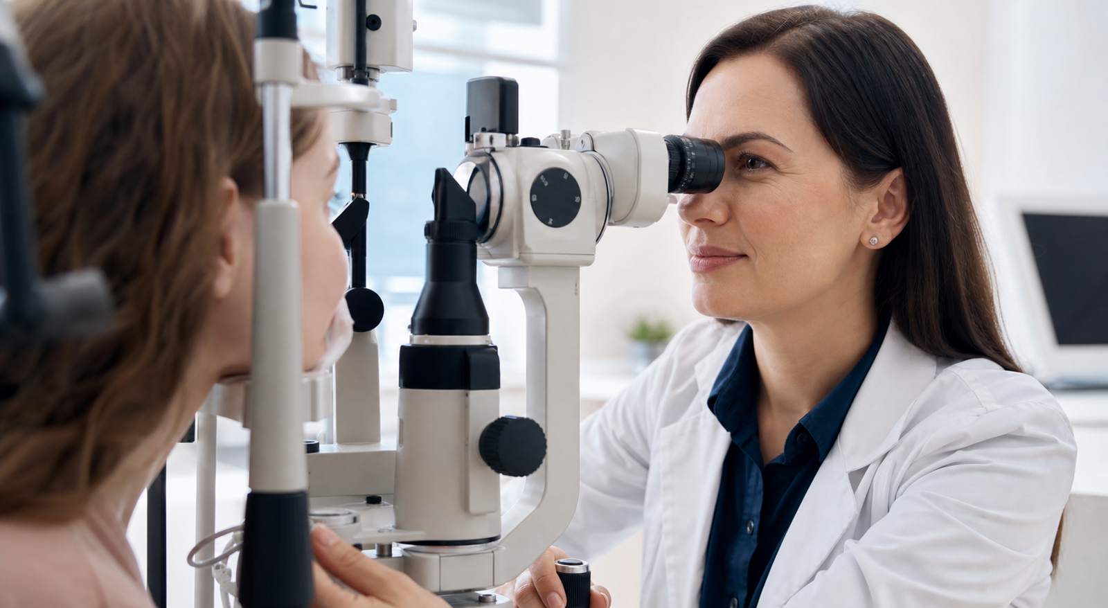 Ophthalmologist carrying out a detailed specialist eye assessment