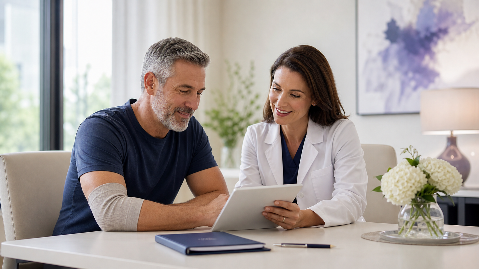 Patient reviewing postoperative recovery progress with a clinician