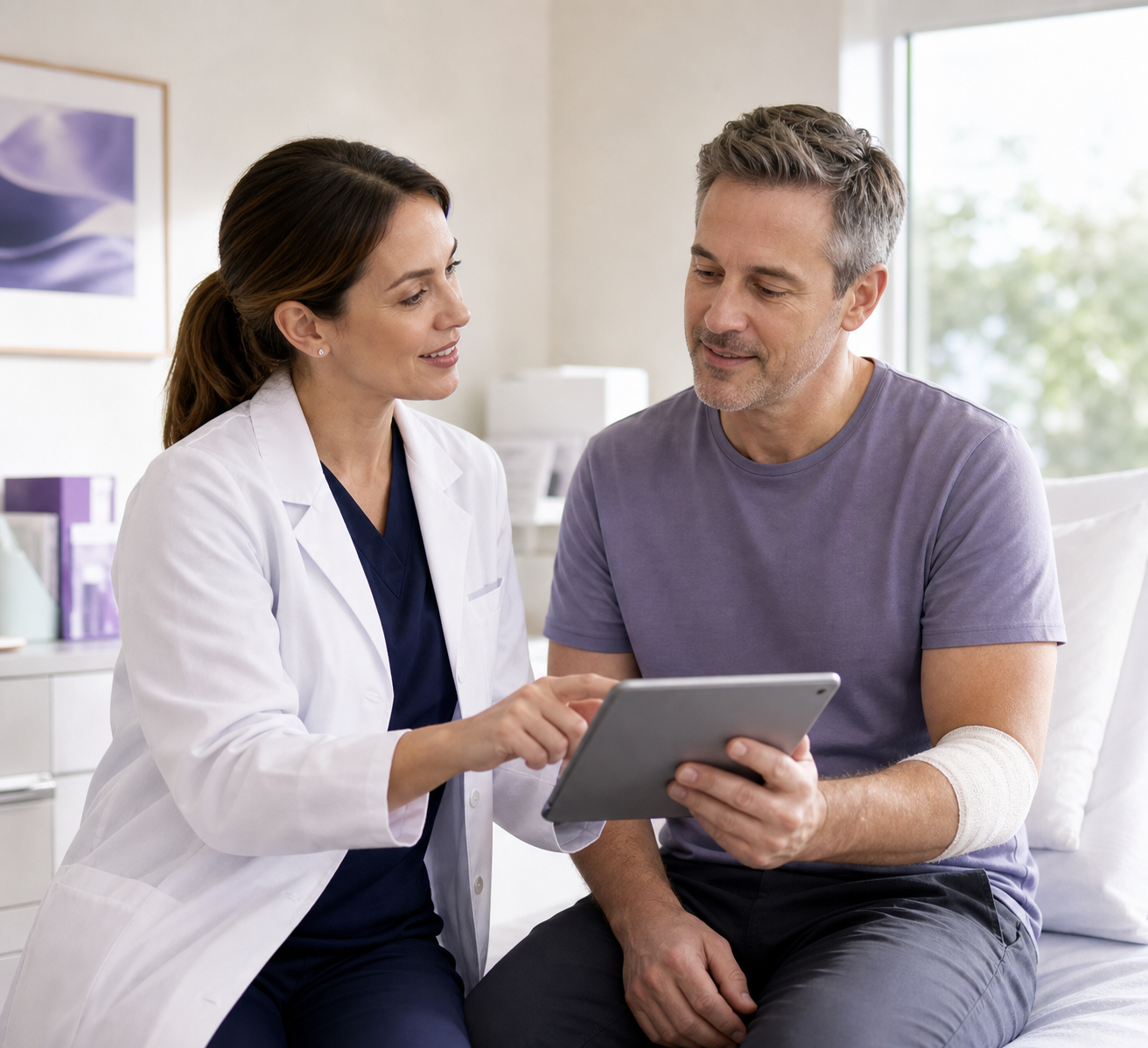 Clinician reviewing postoperative recovery progress with a patient
