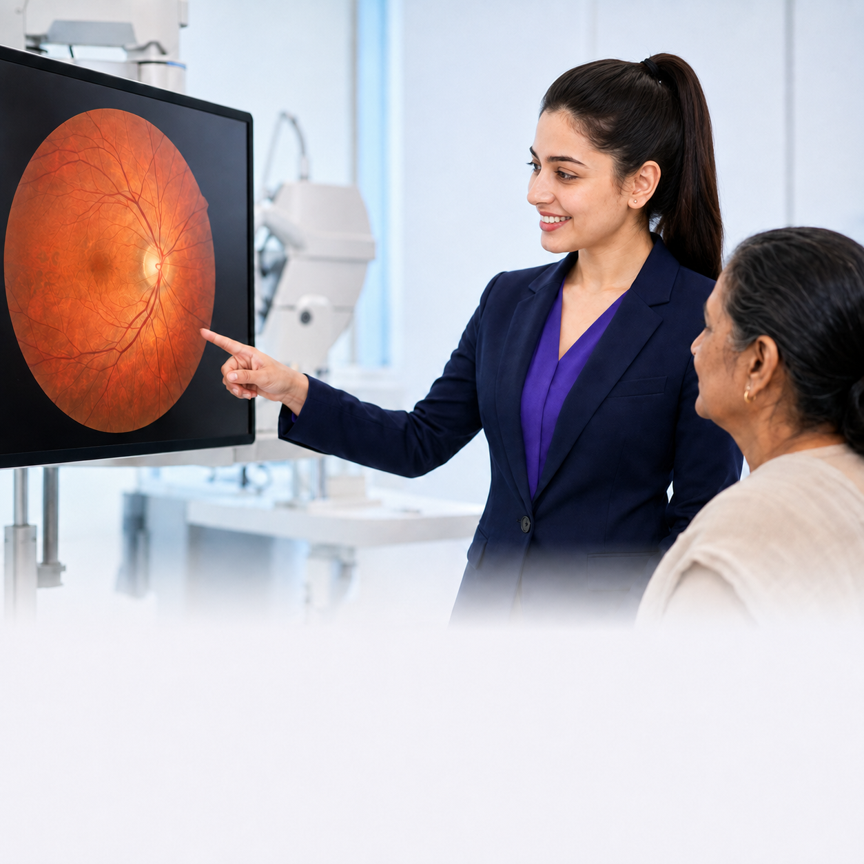 Surgitrix care coordinator looking at and explaining a retinal scan to a patient