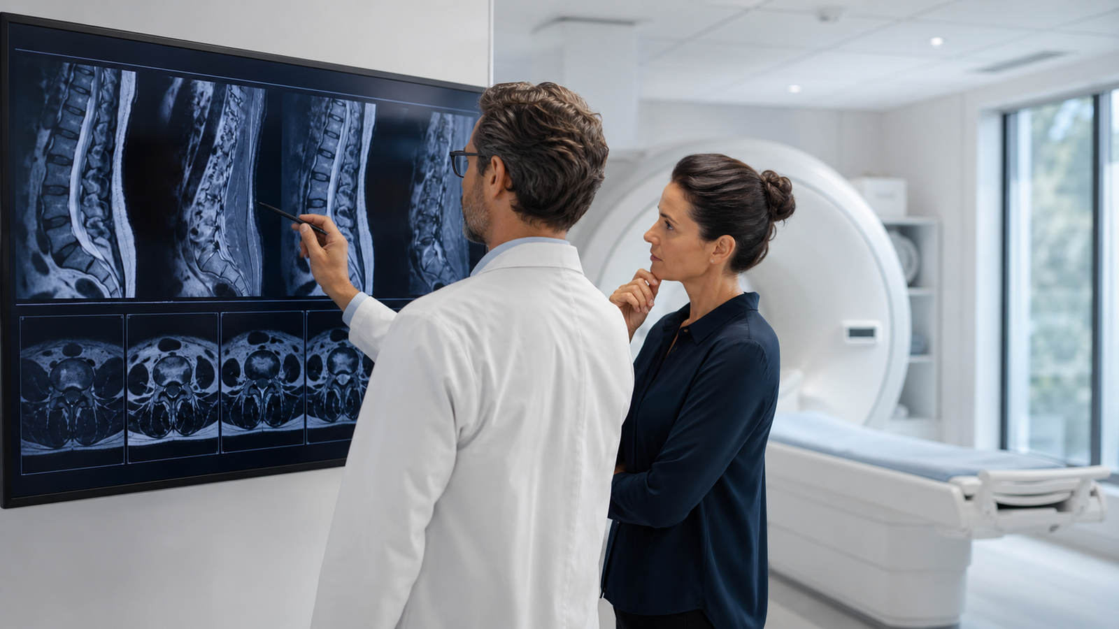 Specialist reviewing MRI imaging during diagnosis and investigation