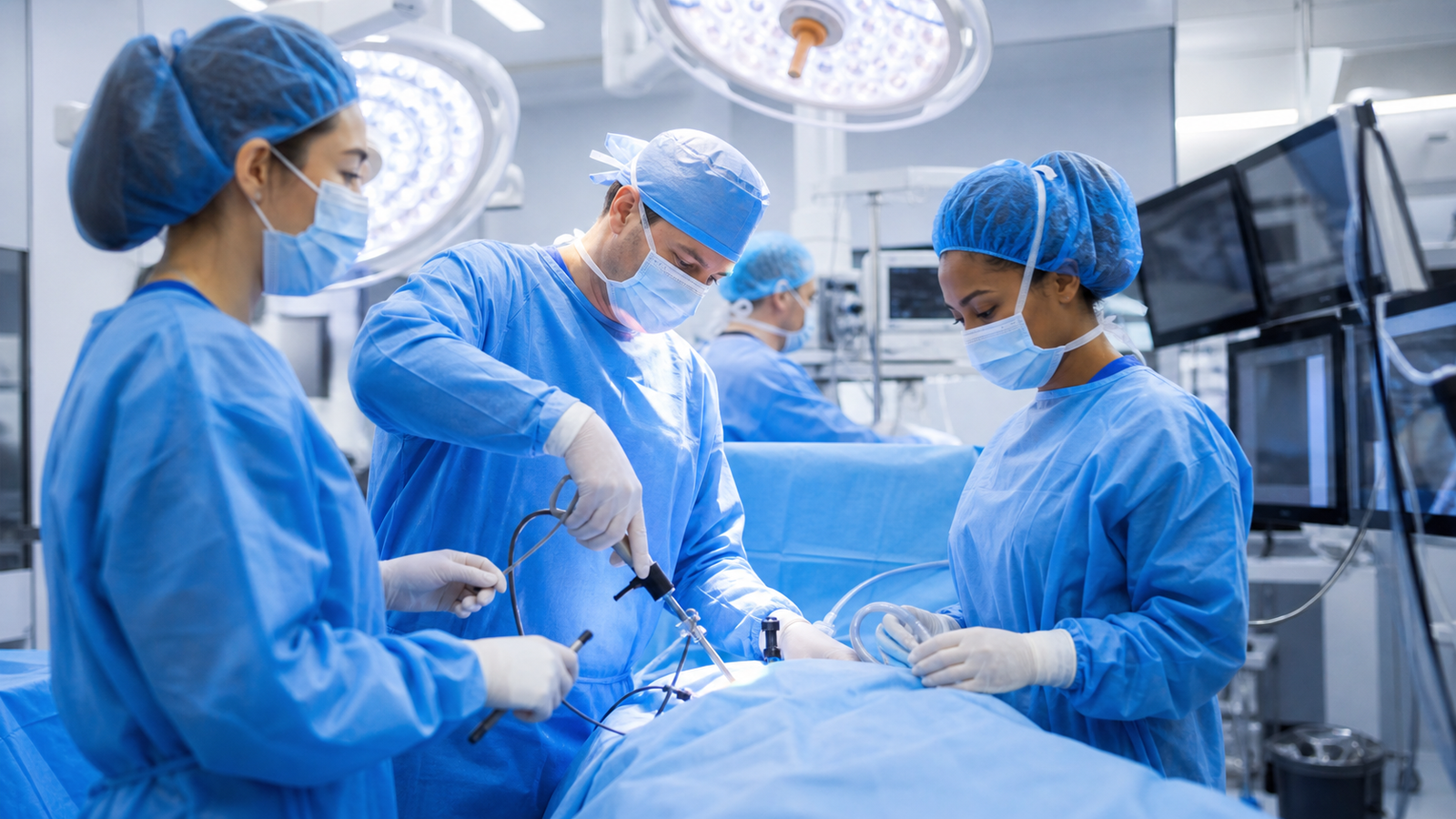 Surgical team providing minimally invasive treatment in a modern operating theatre