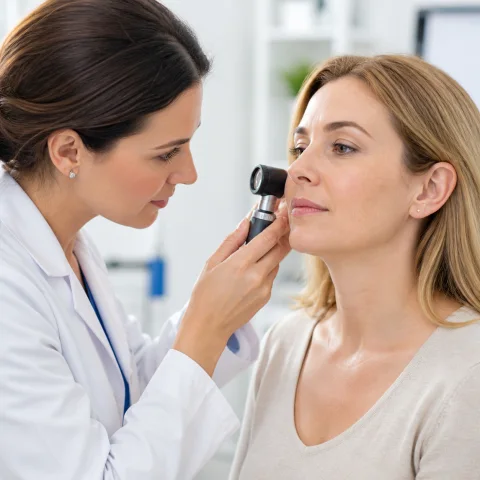 Dermatologist examining a patient's skin