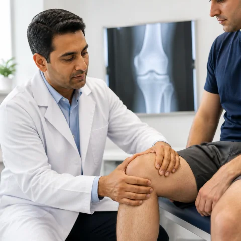 Orthopaedic specialist examining a patient's knee