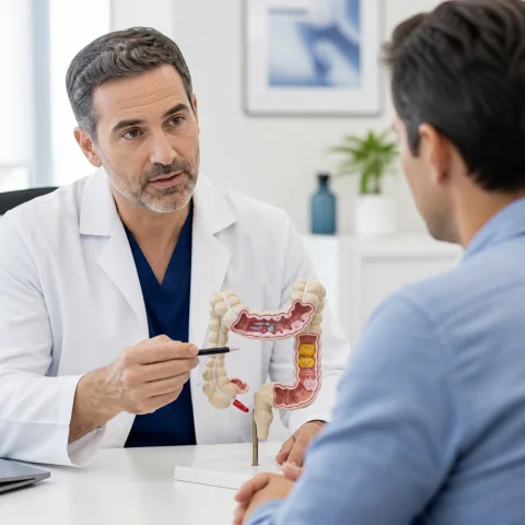 Proctology specialist explaining colorectal health with a model