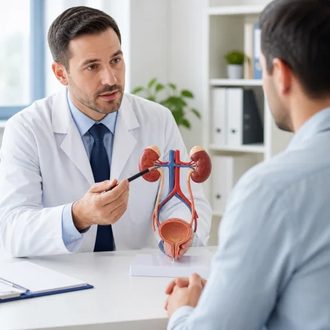 Urologist explaining urinary health with an anatomical model