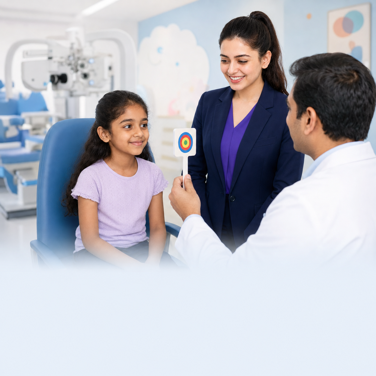 Child having a gentle eye-alignment assessment with an ophthalmology specialist and Surgitrix care coordinator