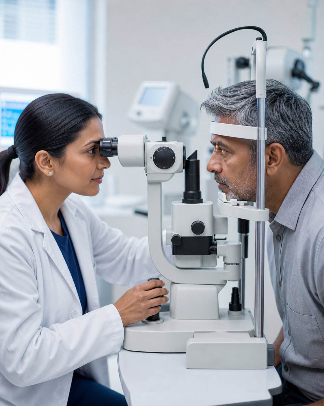 Ophthalmologist examining an older patient's eyes before cataract surgery
