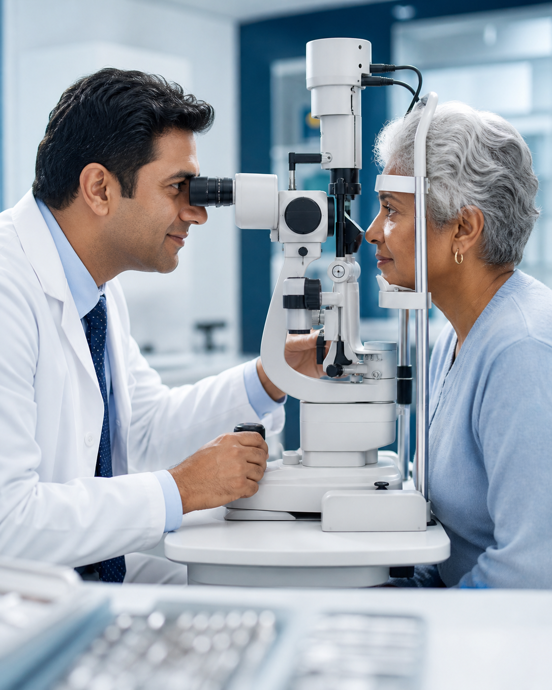 Eye specialist assessing a patient for glaucoma
