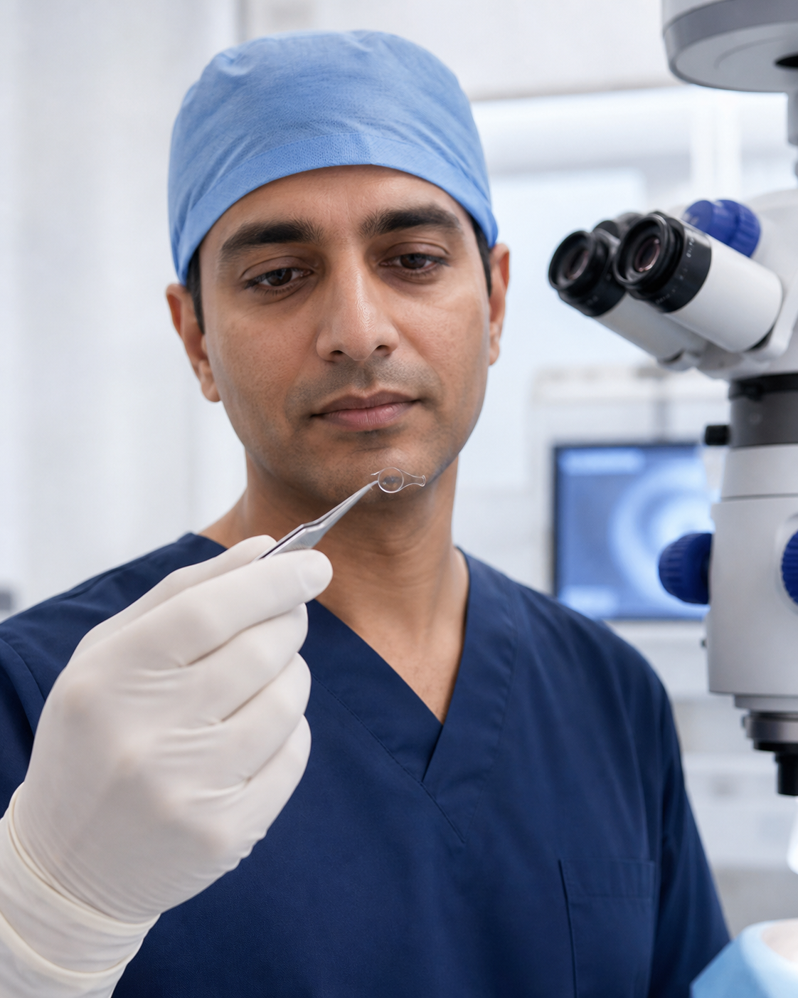 Eye surgeon preparing an implantable lens for ICL treatment