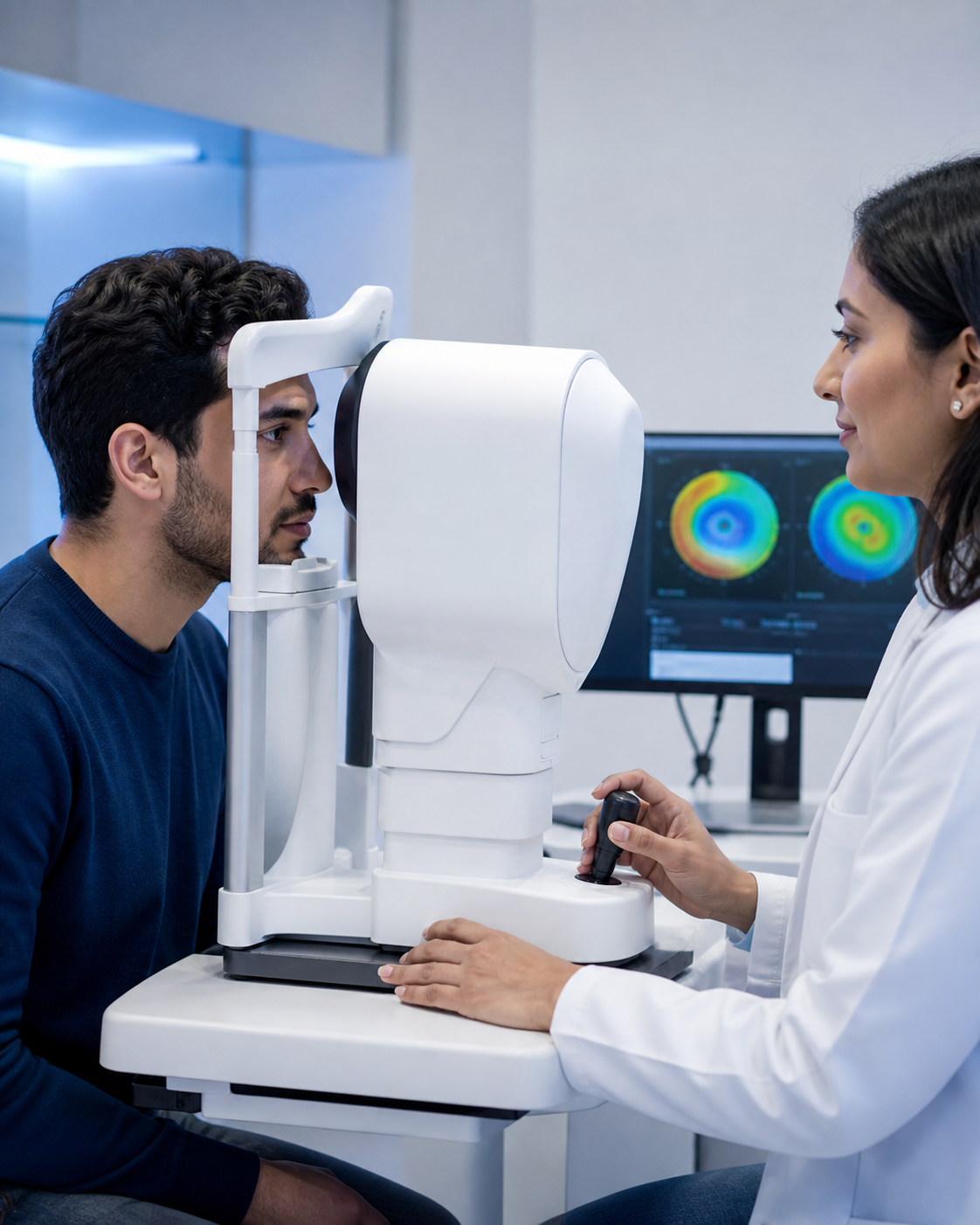 Ophthalmologist performing corneal topography for keratoconus care