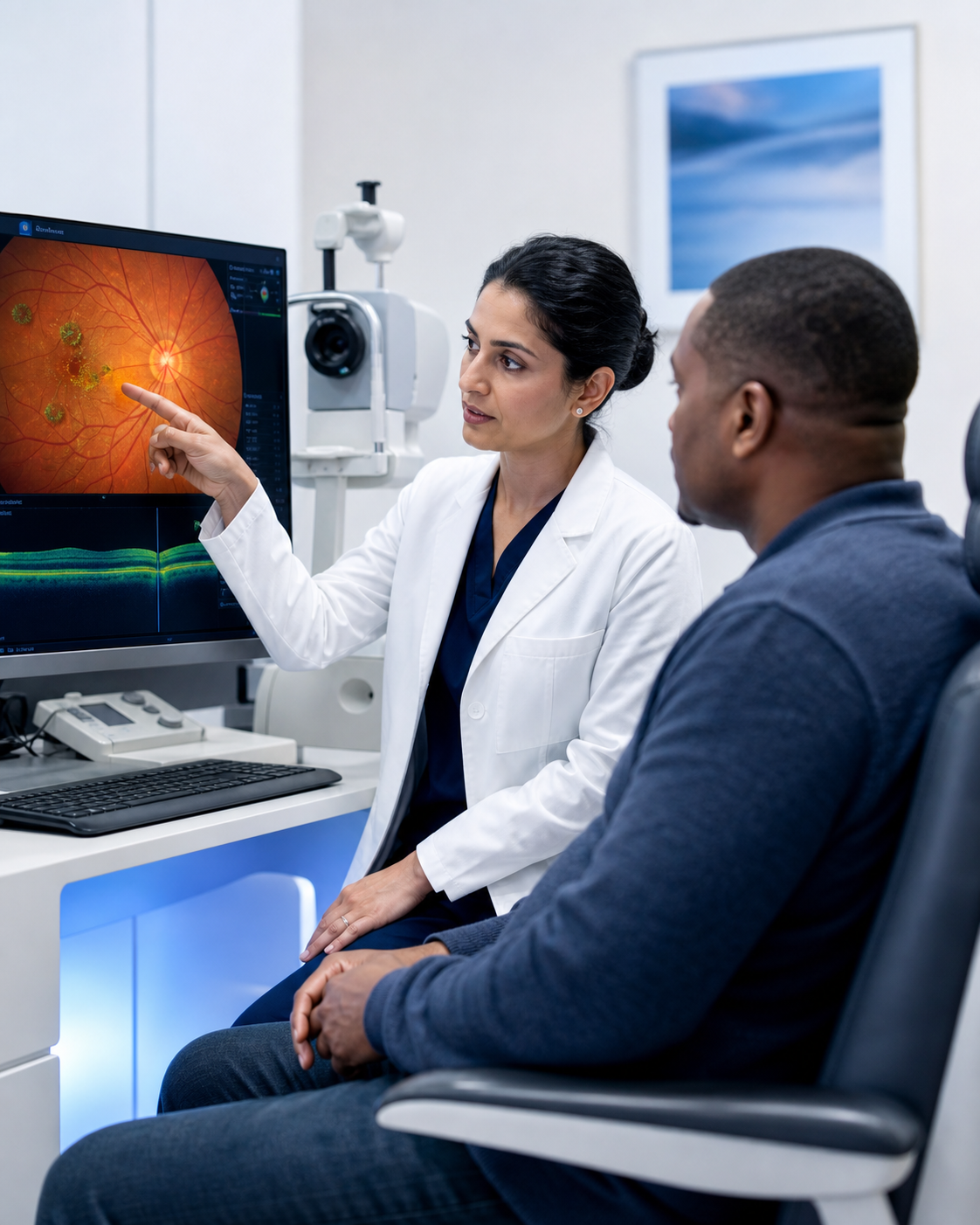Retina specialist reviewing advanced retinal imaging with a patient